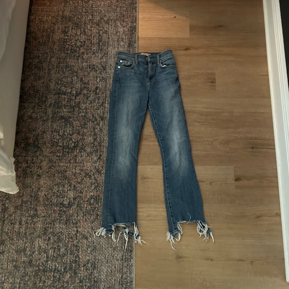 7 For All Mankind Frayed Hem Straight Leg Jeans - Blue